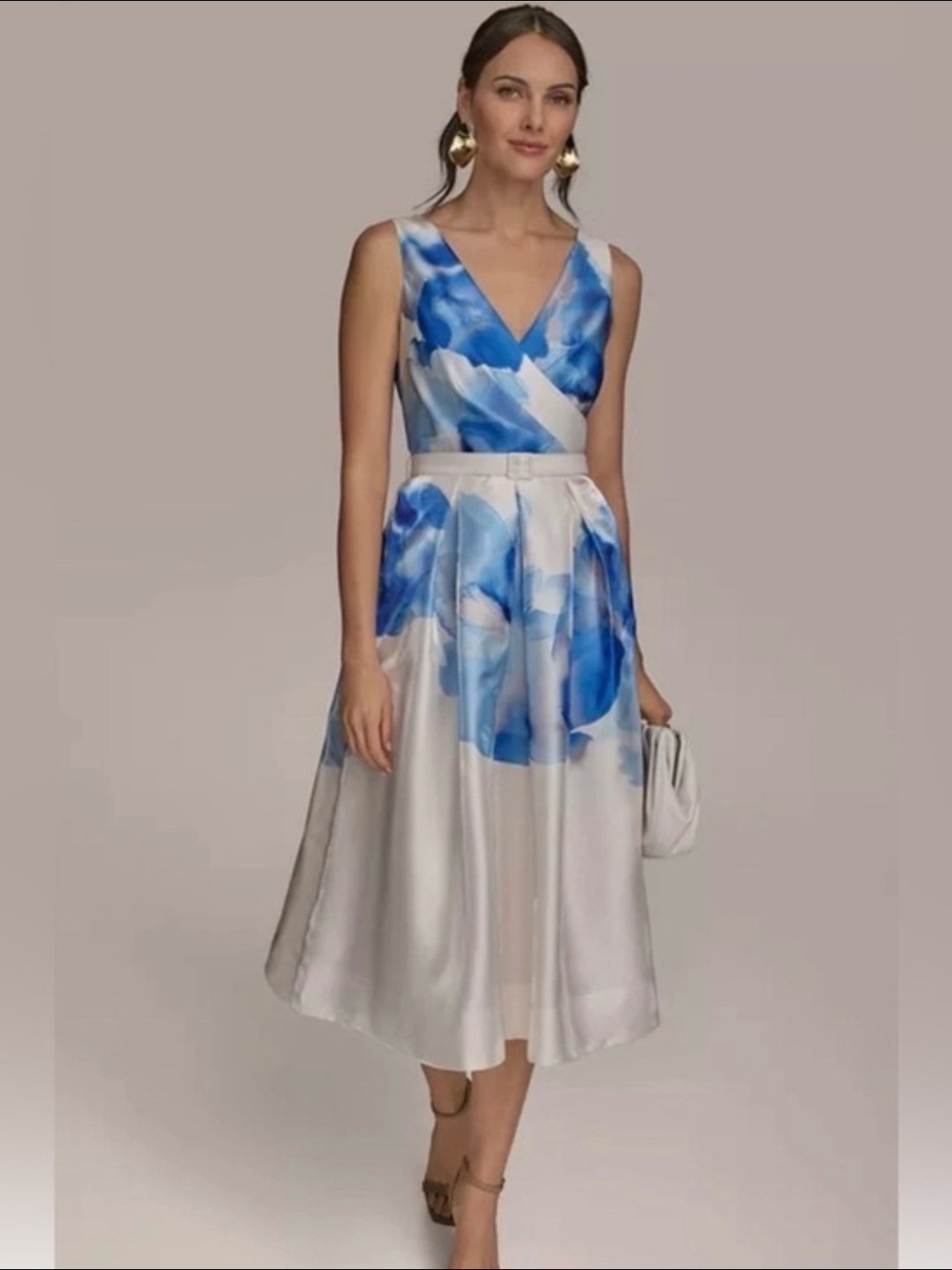 Donna Karan Blue and White Floral V-Neck Midi Dress